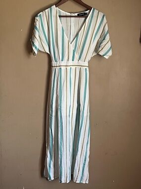 Etiquette Clothiers White Maxi Dress with Teal & Olive Stripes